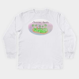 Dominican Republic watercolor Island travel, beach, sea and palm trees. Holidays and vacation, summer and relaxation Kids Long Sleeve T-Shirt